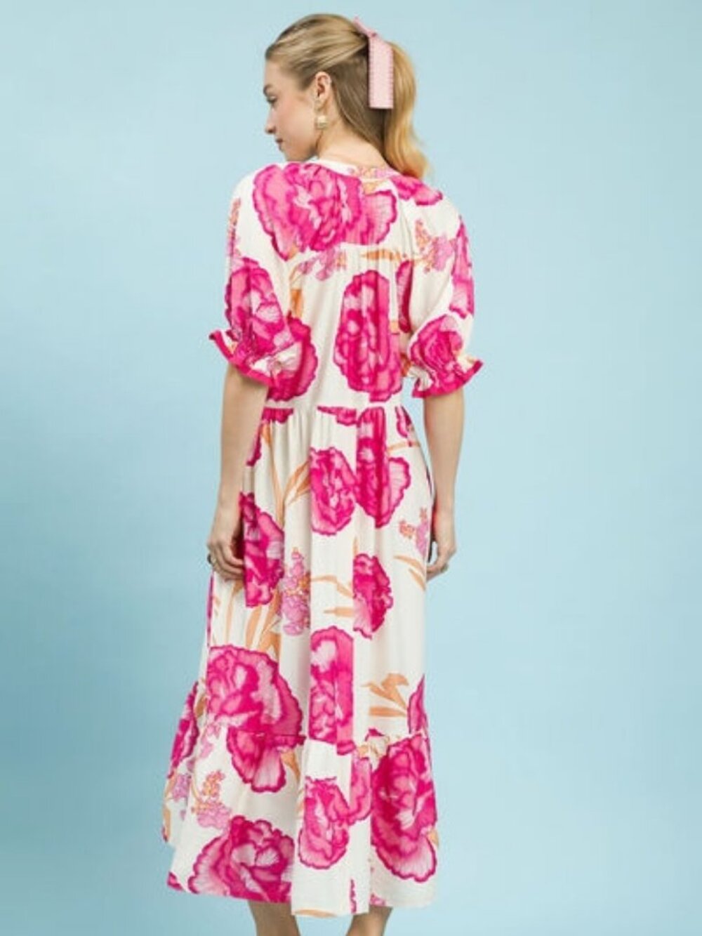 Floral Print Midi Dress Women Contrast Trim Elegant Casual Dress - Picture 4 of 5